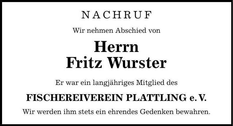 Traueranzeige Fritz Wurster