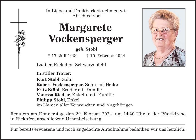 Traueranzeige Margarete Vockensperger