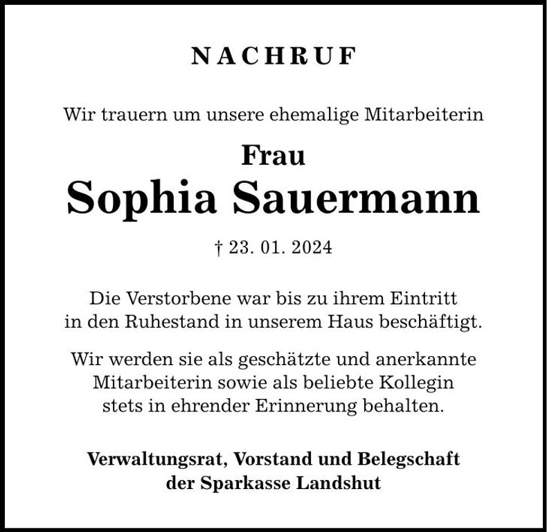 Traueranzeige Sophia Sauermann