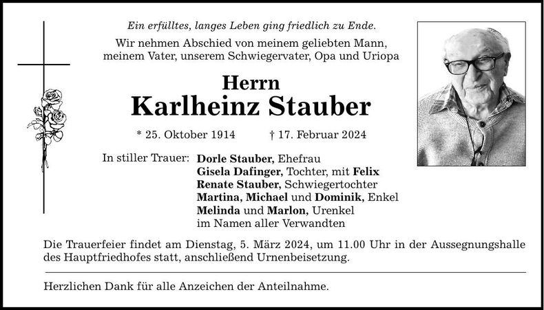 Traueranzeige Karlheinz Stauber