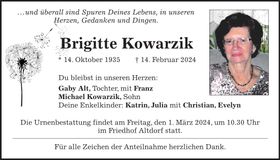 Traueranzeige Brigitte Kowarzik