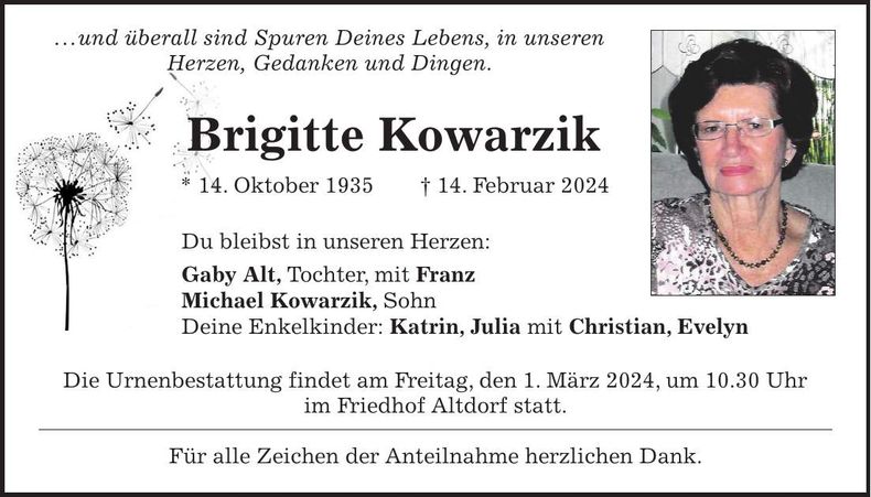 Traueranzeige Brigitte Kowarzik