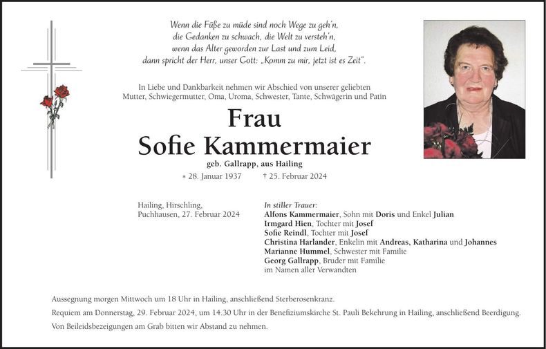 Traueranzeige Sofie Kammermaier