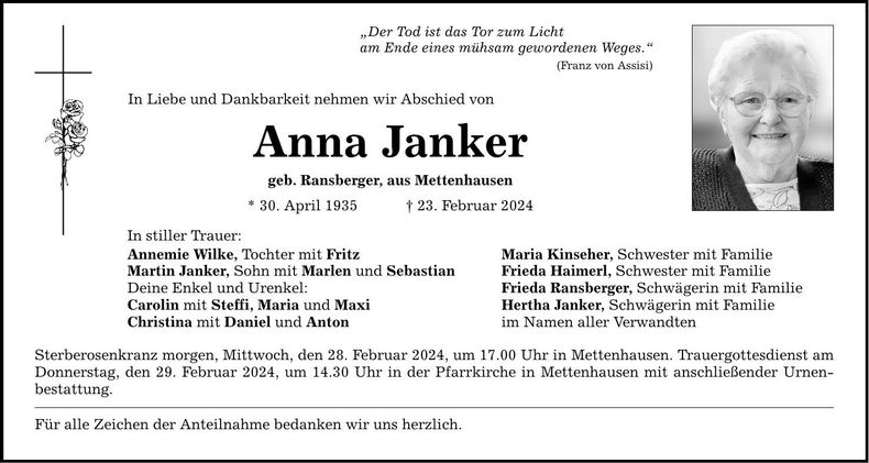 Traueranzeige Anna Janker