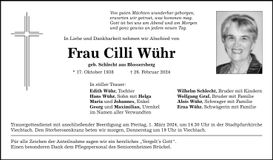 Traueranzeige Cäcilia Wühr