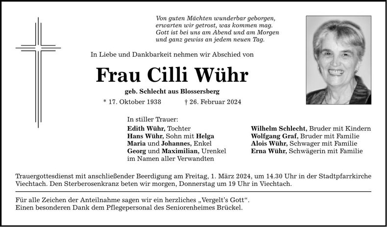 Traueranzeige Cäcilia Wühr