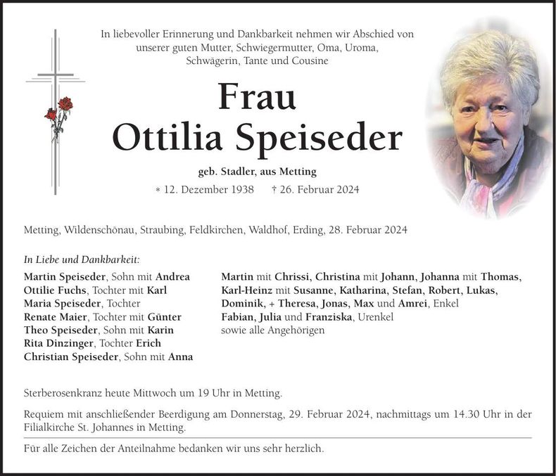 Traueranzeige Ottilia Speiseder