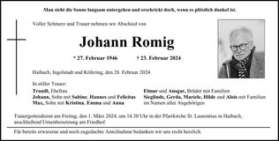 Traueranzeige Johann Romig