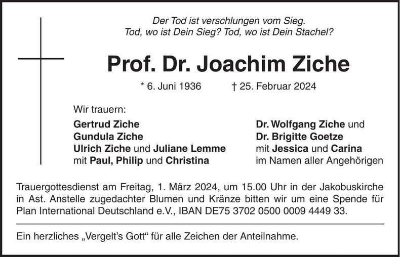 Traueranzeige Joachim Ziche