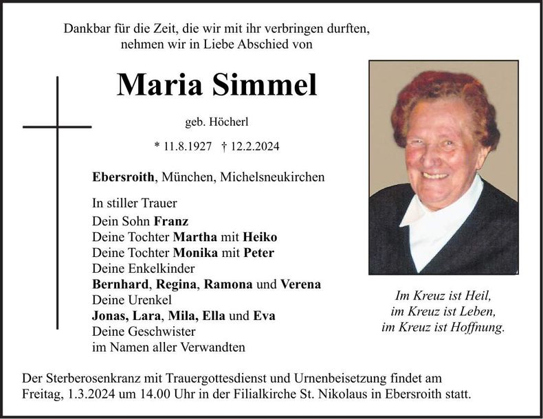 Traueranzeige Maria Simmel