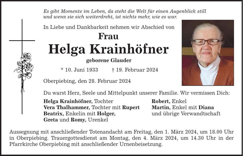 Traueranzeige Helga Krainhöfner