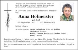 Traueranzeige Anna Hofmeister