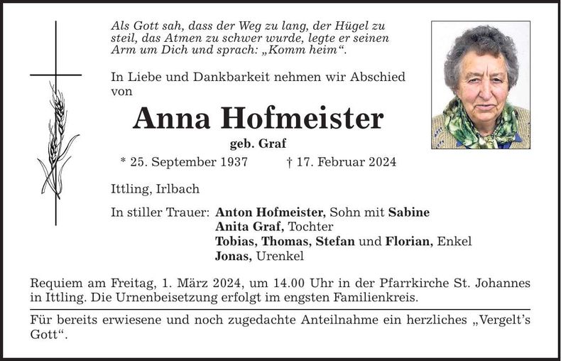 Traueranzeige Anna Hofmeister