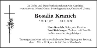 Traueranzeige Rosalia Kranich