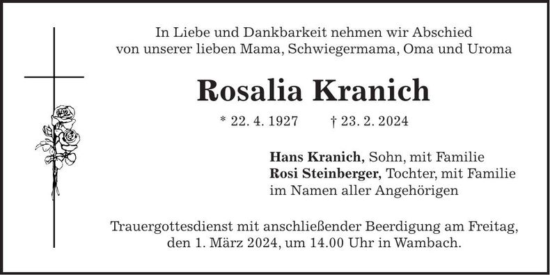 Traueranzeige Rosalia Kranich