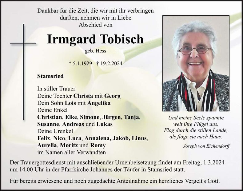 Traueranzeige Irmgard Tobisch