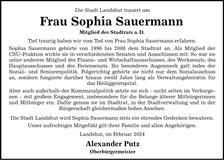 Traueranzeige Sophia Sauermann
