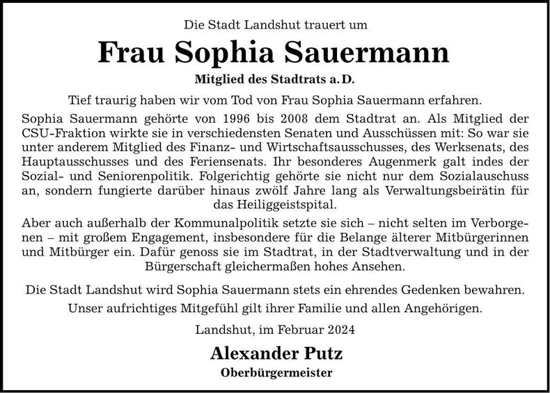 Traueranzeige Sophia Sauermann