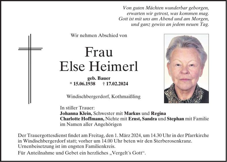 Traueranzeige Else Heimerl