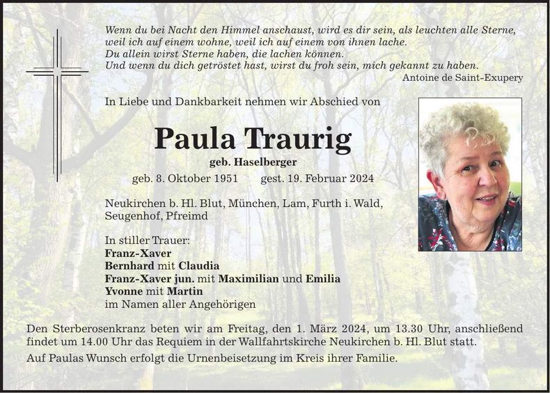 Traueranzeige Paula Traurig