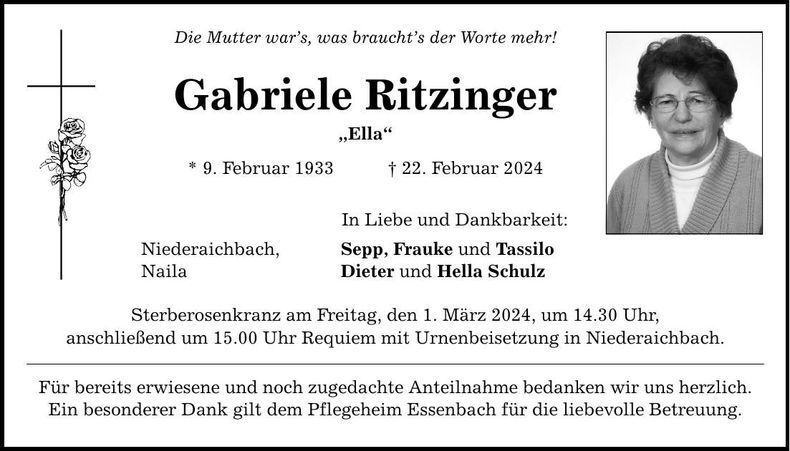 Traueranzeige Gabriele Ritzinger