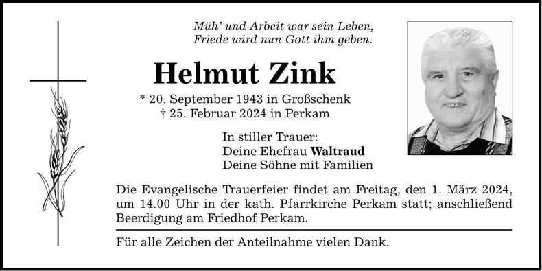 Traueranzeige Helmut Zink