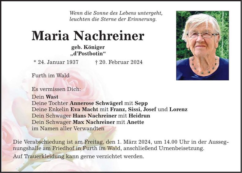 Traueranzeige Maria Nachreiner