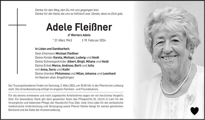Traueranzeige Adele FLeißner