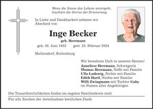 Traueranzeige Inge Becker