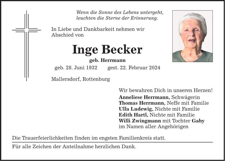 Traueranzeige Inge Becker