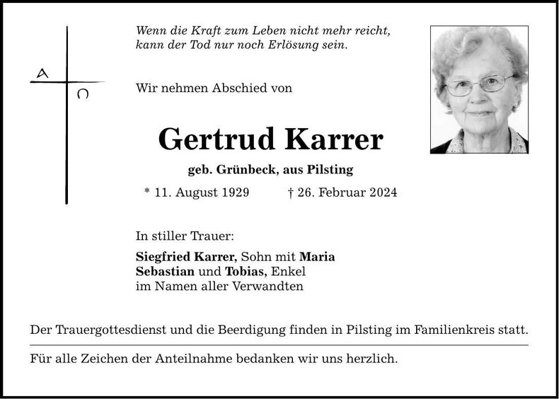 Traueranzeige Gertrud Karrer