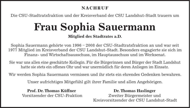Traueranzeige Sophia Sauermann