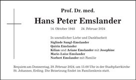 Traueranzeige Hans Peter Prof. Dr. med. Emslander