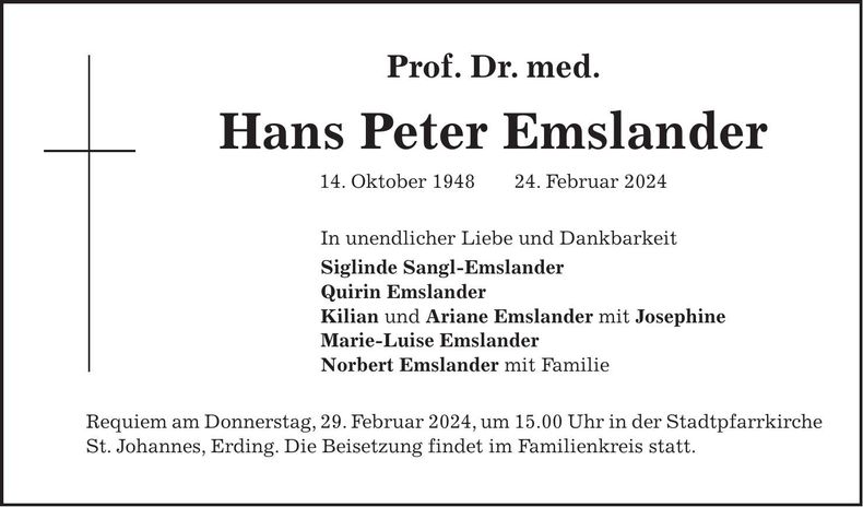 Traueranzeige Hans Peter Prof. Dr. med. Emslander