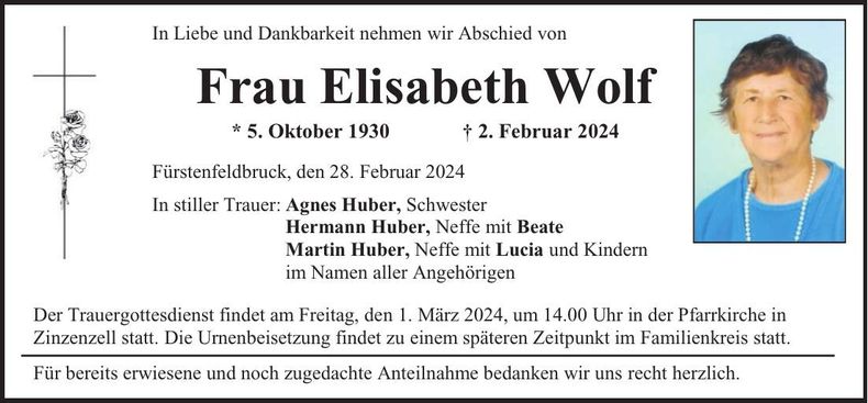 Traueranzeige Elisabeth Wolf