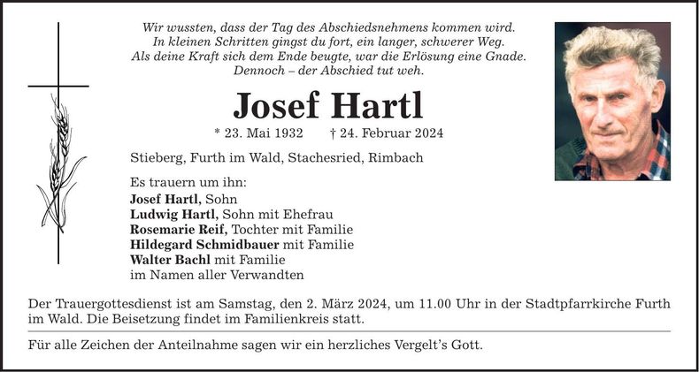 Traueranzeige Josef Hartl
