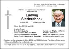 Traueranzeige Ludwig Siedersbeck