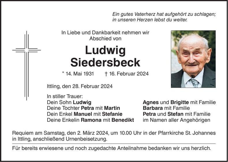 Traueranzeige Ludwig Siedersbeck
