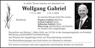 Traueranzeige Wolfgang Gabriel