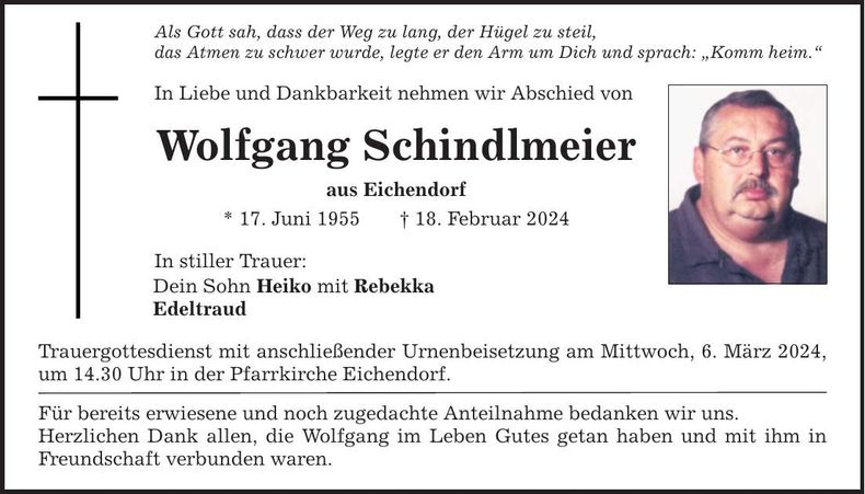 Traueranzeige Wolfgang Schindlmeier
