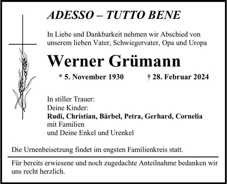 Traueranzeige Werner Grümann
