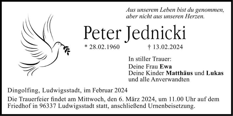 Traueranzeige Peter Jednicki