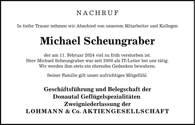 Traueranzeige Michael Scheungraber