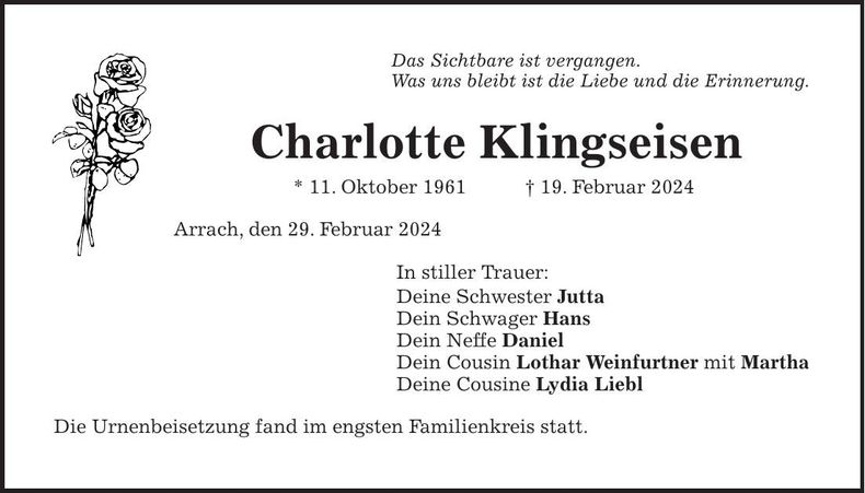 Traueranzeige Charlotte Klingseisen