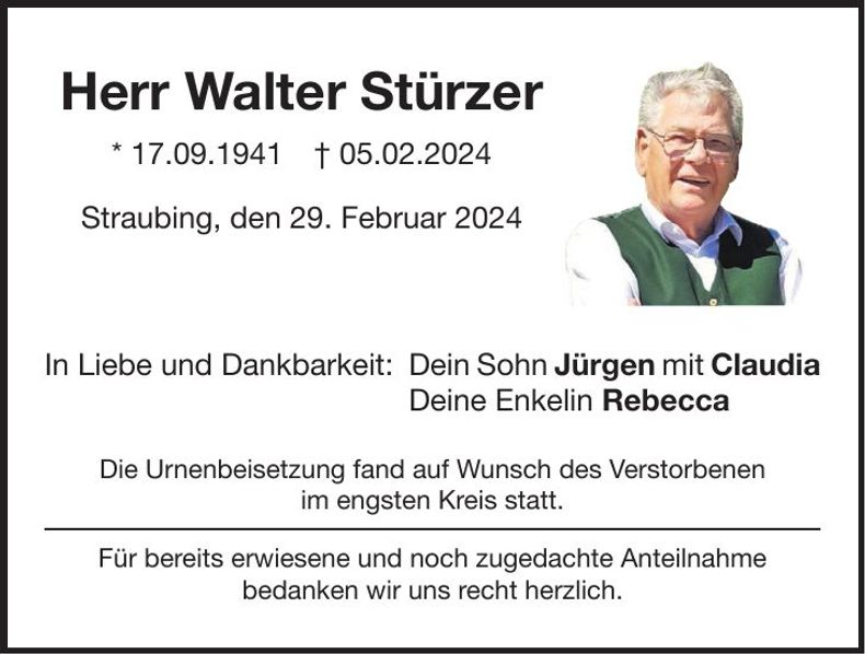 Traueranzeige Walter Stürzer
