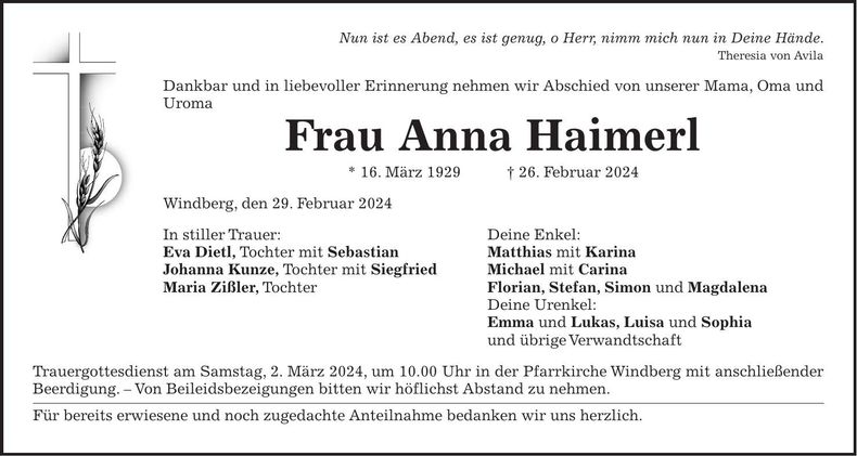 Traueranzeige Anna Haimerl