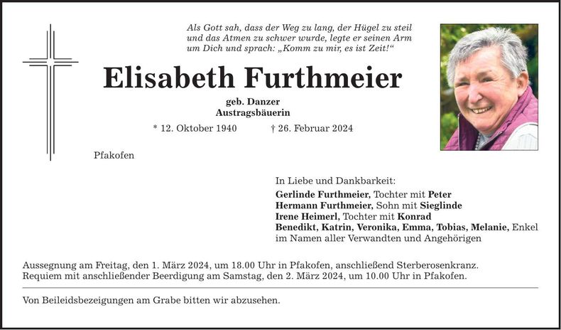 Traueranzeige Elisabeth Furthmeier
