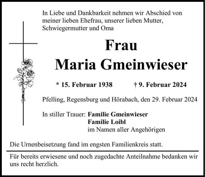 Traueranzeige Maria Gmeinwieser