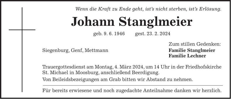 Traueranzeige Johann Stanglmeier