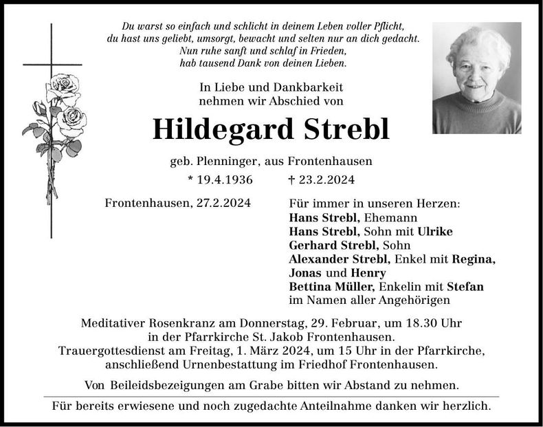 Traueranzeige Hildegard Strebl